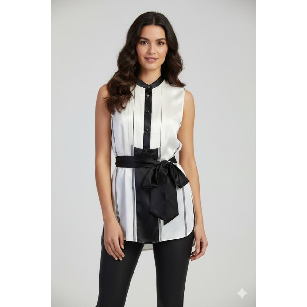 NWT J.Crew Collection Tuxedo-Front Silk Tunic in Ivory Black Stripe Top 6